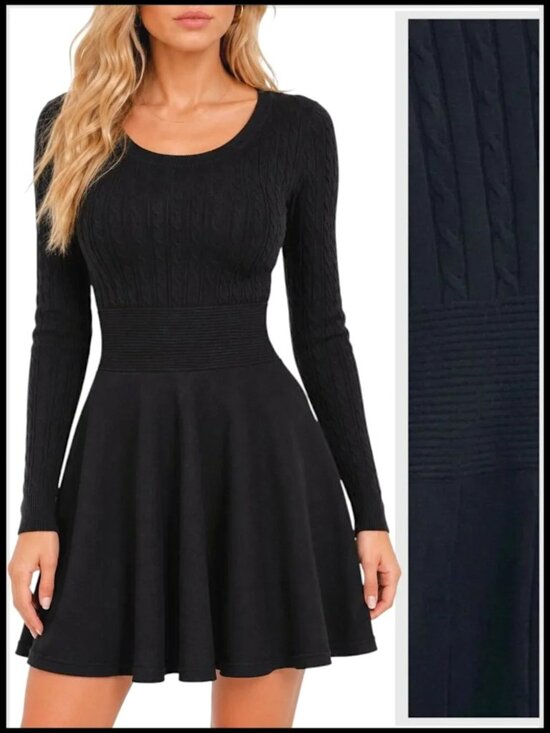 Jessica Simpson Dresses & Skirts - Jessica Simpson Black Sweater Dress Cable Knit Fit & Flare S